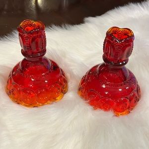 LE Smith Flame Red + Yellow, Amberina Moon and Stars Vtg Taper Candle Holder 60s